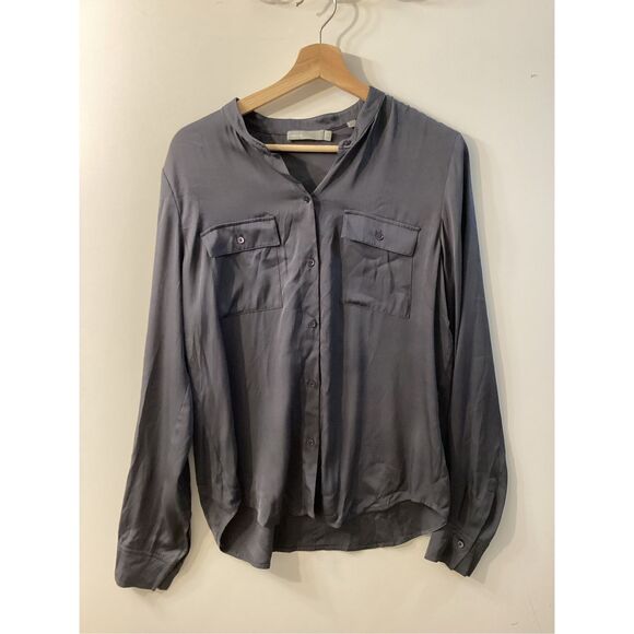 Vince Collar Stretch Silk Button Down Blouse Size M Grey - Picture 2 of 14